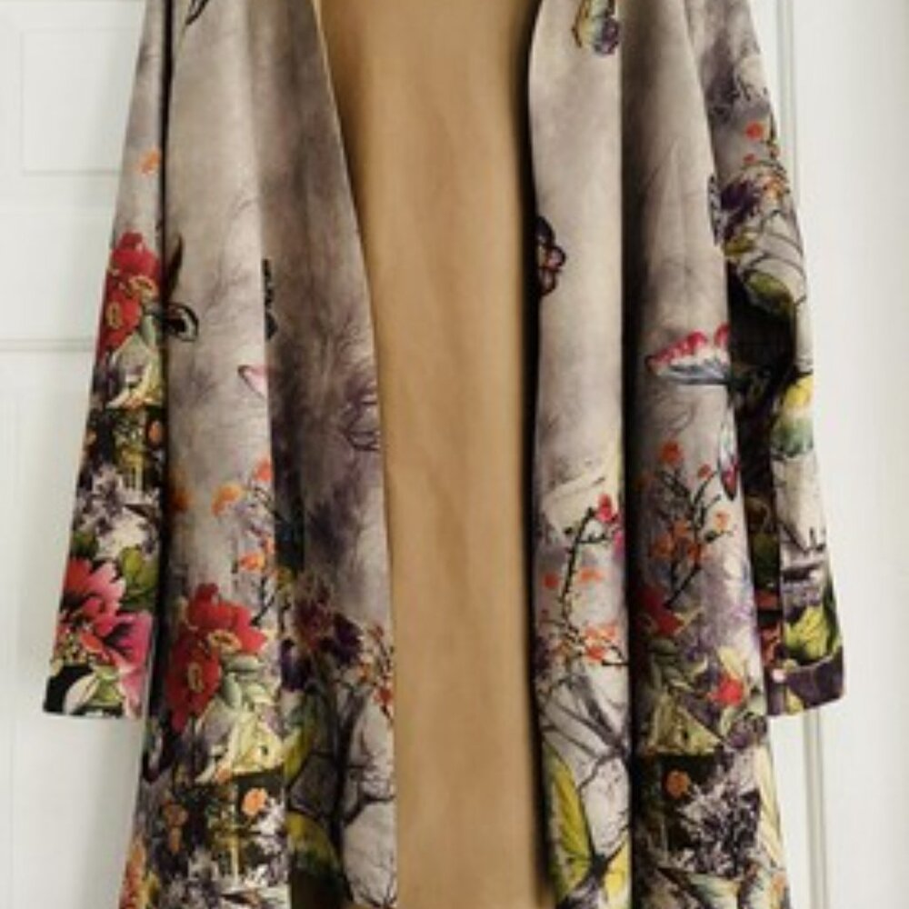 Kamana Open Front Drape ultrasuede Cardigan, Floral Butterfly Print, size L